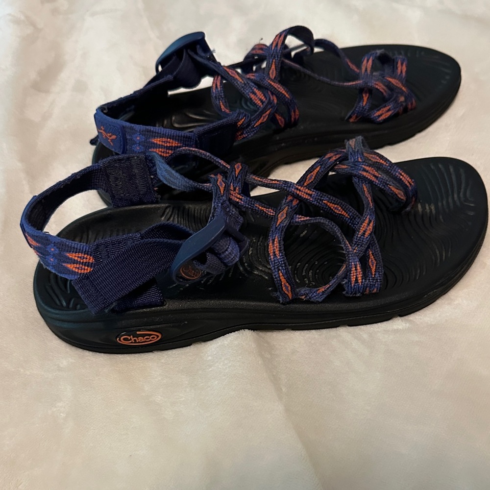 Chaco Navy and Orange Patterned Sandals